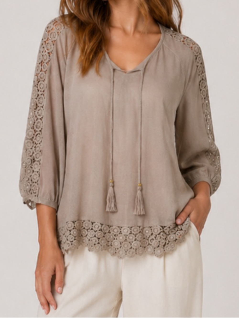 Charter Club Women’s Coastal Taupe Crochet-Trim Tie-Neck Linen Crochet Trim